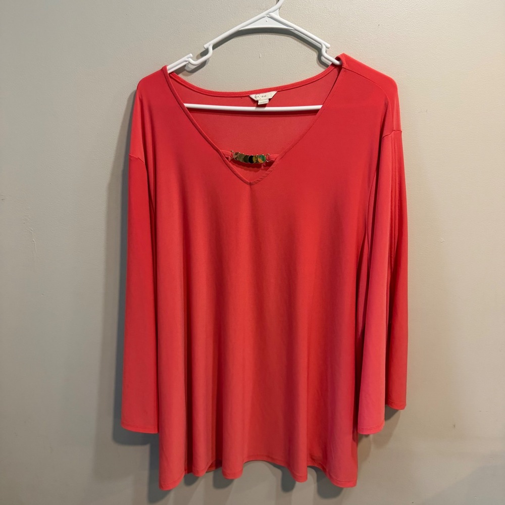 Cato Coral Pink Split‎ Bell Sleeve V-Neck Blouse with Gold Disc Detail 22/24W